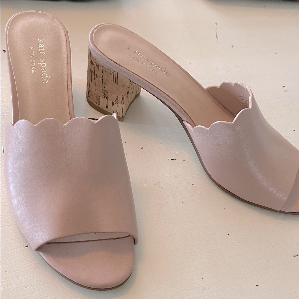 Kate Spade Warren Scalloped Leather Mule Slide Peep Toe Cork Block Heel Sz 8
